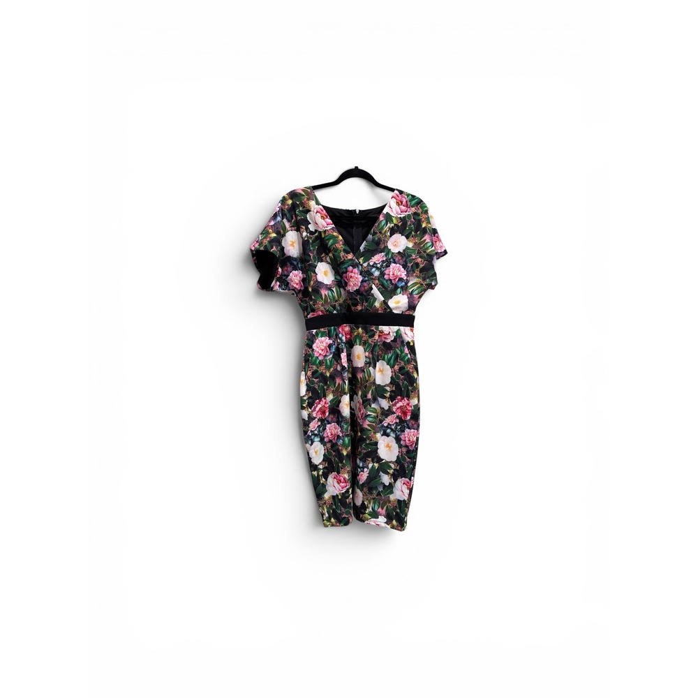 Paper Dolls London Floral Sheath Dress Black Pink White V-Neck Size‎ US 6